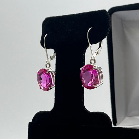 BEAUTIFUL 10ctw Oval Cut Bright Pink Sapphire Earrings in Sterling Silver - Picture 3 of 7
